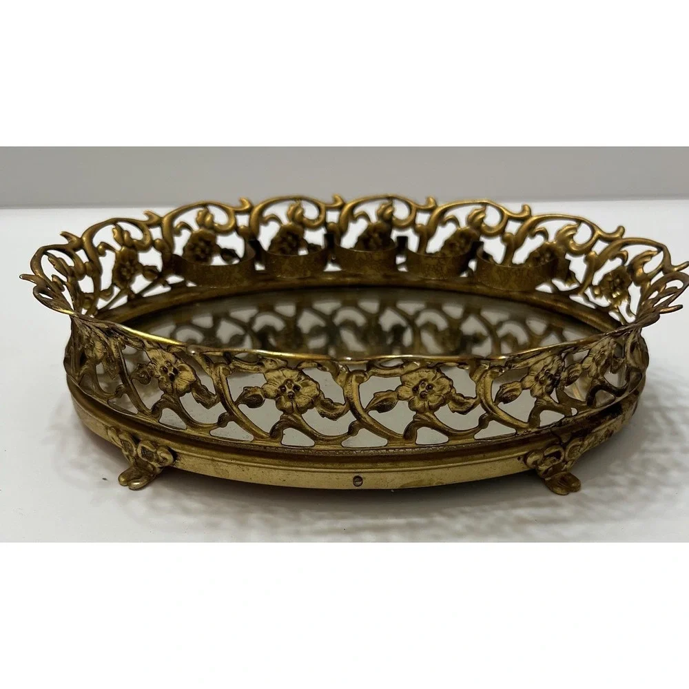 Vintage Gold-Tone Filigree Oval Mirrored Vanity Tray W/ Lipstick Holders Footed